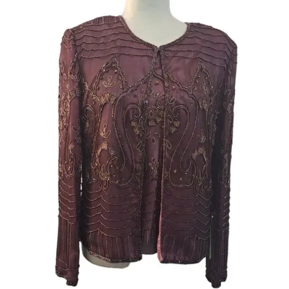 Adrianna Papell 3 Pc Set Silk Embellish Top Skirt Jacket Wedding Party Plum Sz10